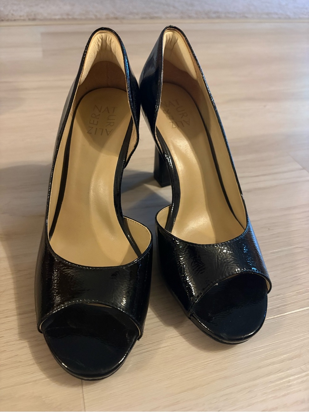 Black Patent Leather Peep-Toe Pumps